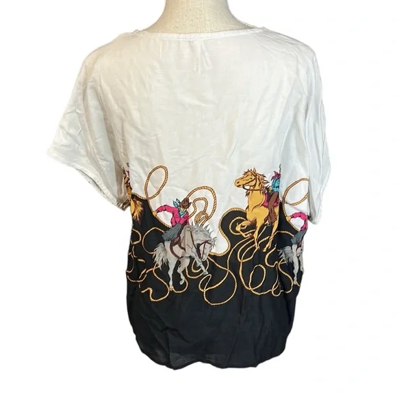 Roper Short Sleeve Button Up Blouse White Black Cowboy Rodeo Tie Front Womens L - Picture 4 of 9